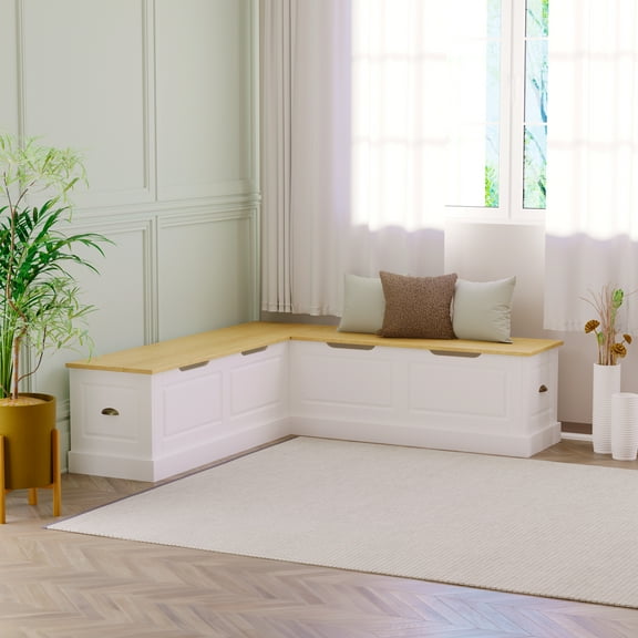 Linon Romero Casual Wood Corner Dining Breakfast Nook with Storage, White/Natural