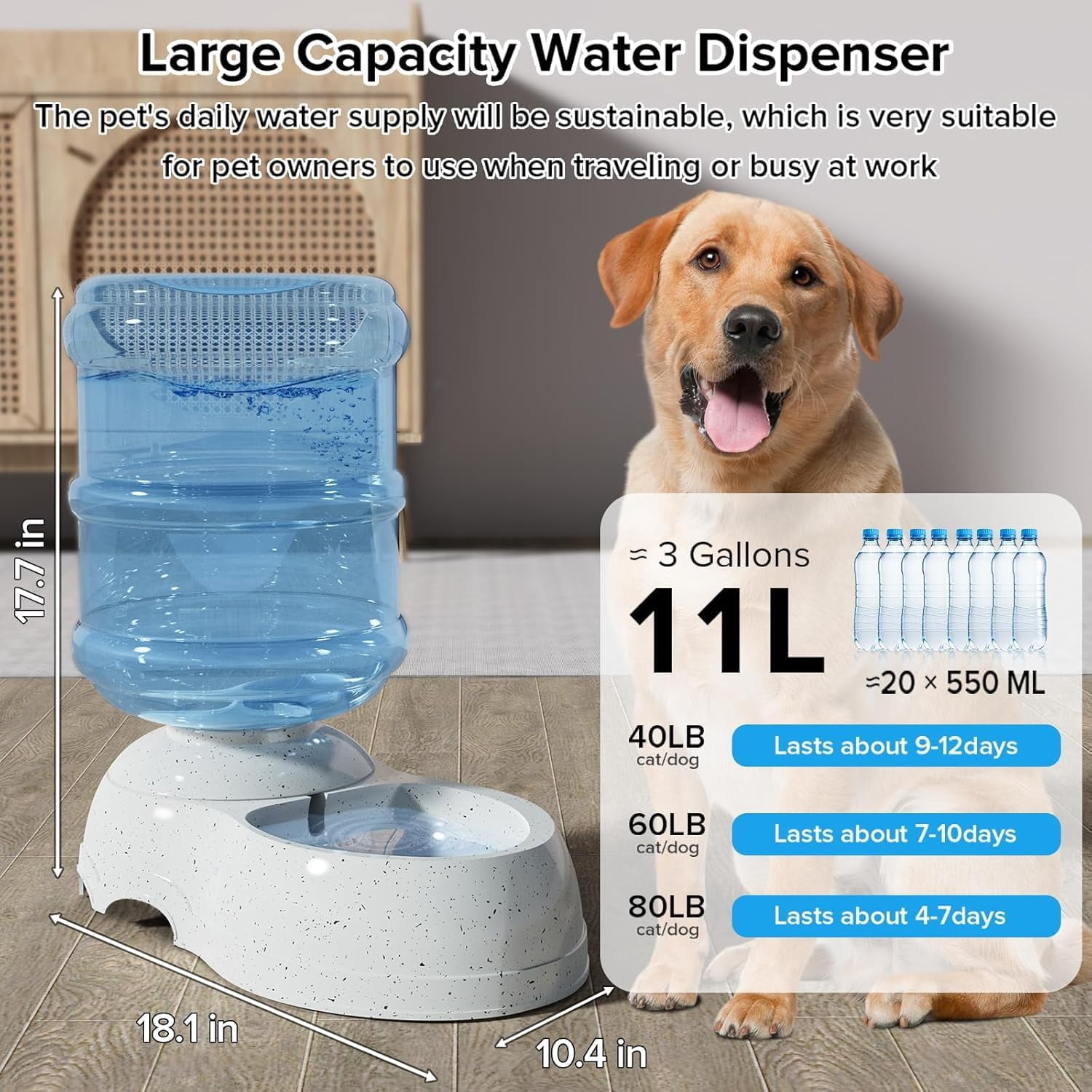 DENZUS Pet Water Dispenser, 3-Gallon Large Automatic Waterer for Dogs and Cats with Thickened Durable Design and Cleaning Brush