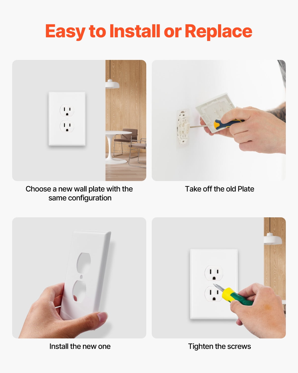 VEVOR 1-Gang Duplex Outlet Covers, 10 Pack Standard Size Wall Outlet Cover, Unbreakable and Impact-Resistant Polycarbonate Thermoplastic, Dual Receptacle Faceplate, for Electrical Outlets, White
