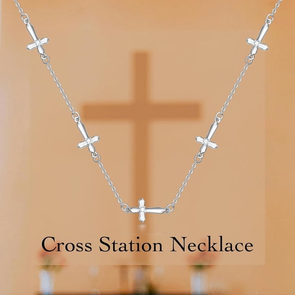 SISGEM Cross Station Necklace Sterling Silver Cross Chain Necklace with Cubic Zirconia Gift for Women