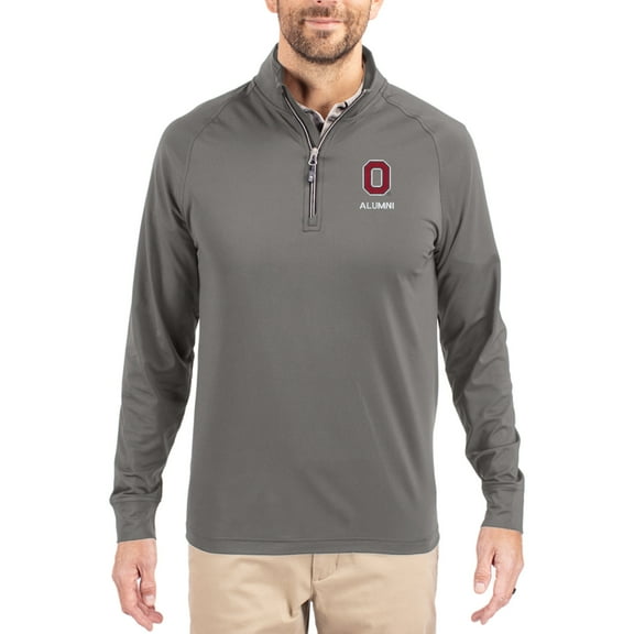 Men's Cutter & Buck Gray Ohio State Buckeyes Alumni Logo Adapt Eco Knit Stretch Raglan Quarter-Zip Pullover