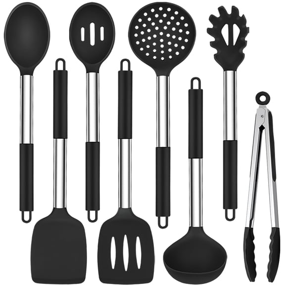 TeamFar Kitchen Utensils Set of 8, Silicone Utensils Kitchen Tools Set with Stainless Steel Handle,