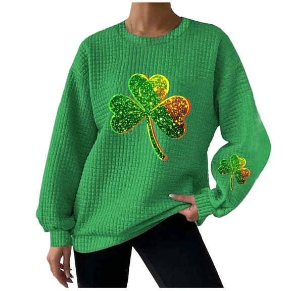 Felirenzacia Women’s St. Patrick’s Day Waffle Textured Sweatshirt, Crewneck Long Sleeve Lucky Clover Top, Green,L