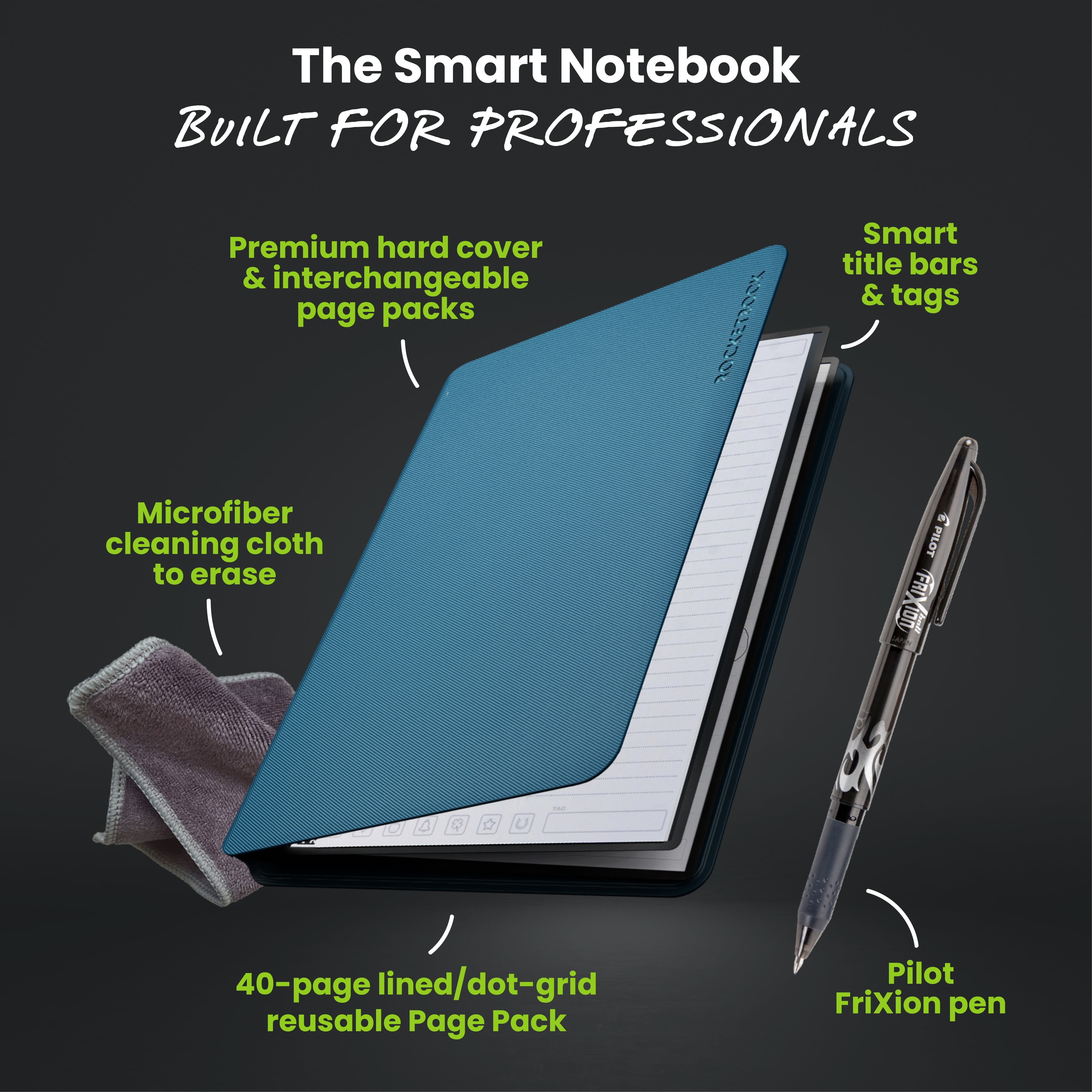 Rocketbook Smart Reusable Pro Notebook - Work and Business - Letter Size Navy Blue