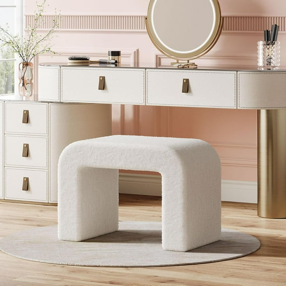 Tribesigns Vanity Stool Chair, Modern Foot Stool Ottoman for Living Room, Faux Sherpa Ottoman Foot Rest for Couch, Arched Makeup Dressing Chair for Bedroom, Fully Assembled, White