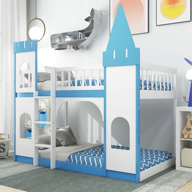 Twin Over Twin Bed, Castle Bunk Bed Low Loft Bed with FullLength