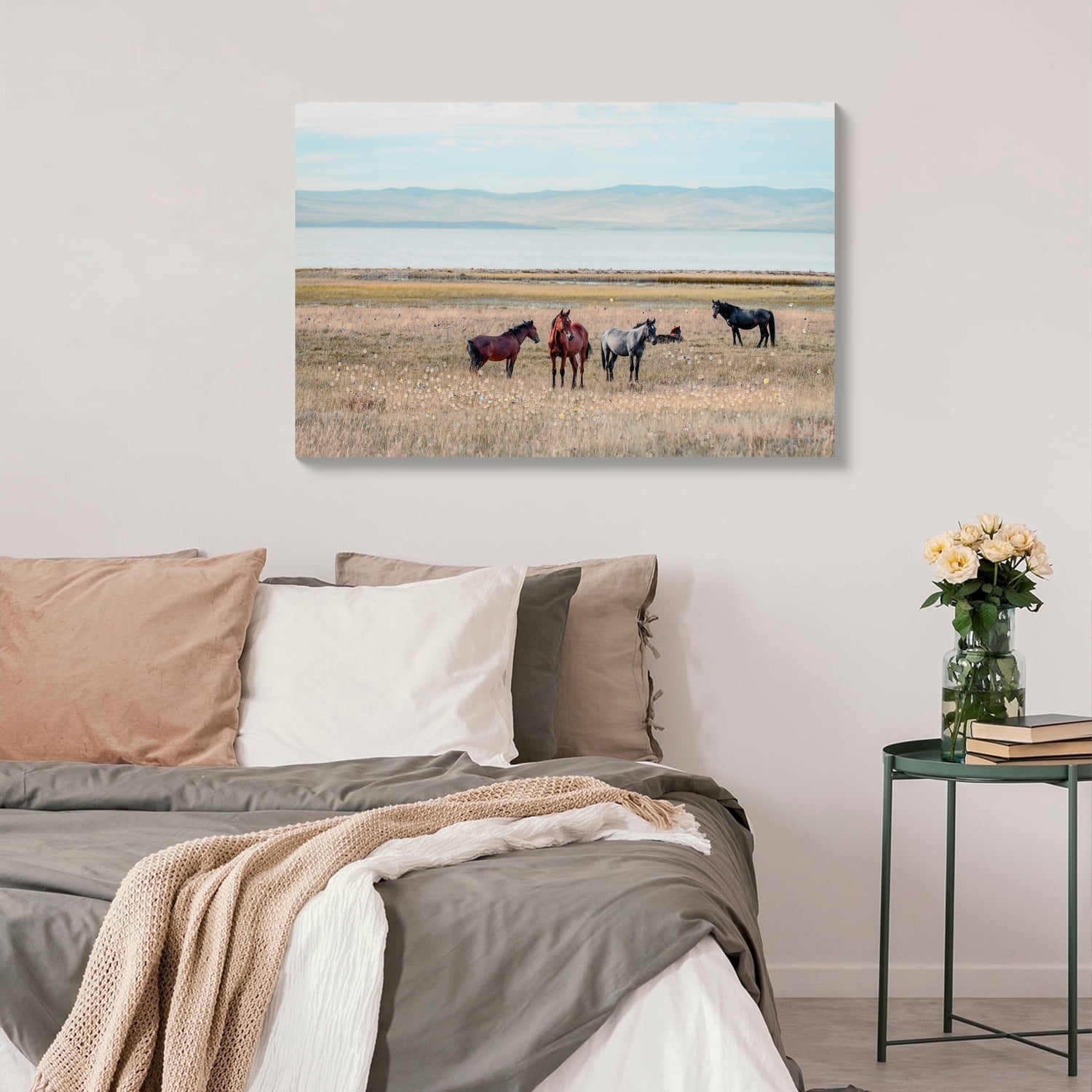 MOONMISS 24x36 Horse Framed Canvas Wall Art Country Western Farmhouse Rustic Wild Horses Grassland Living Room Decor