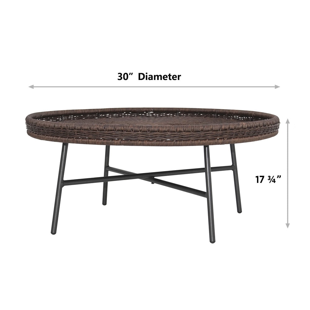 Abble 30” Round Dark Brown PE Wicker Coffee Table with Black Metal Legs,  Indoor or Outdoor use for Living Room, Patio, Garden, Backyard, Porch