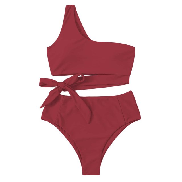 Traje de baño para Mujer, Talle Alto, Correa para un Solo Hombro, Transpirable, elástico, Simple, Elegante, Trajes de baño Divididos para Fiestas en la Playa, Rojo pardusco XL