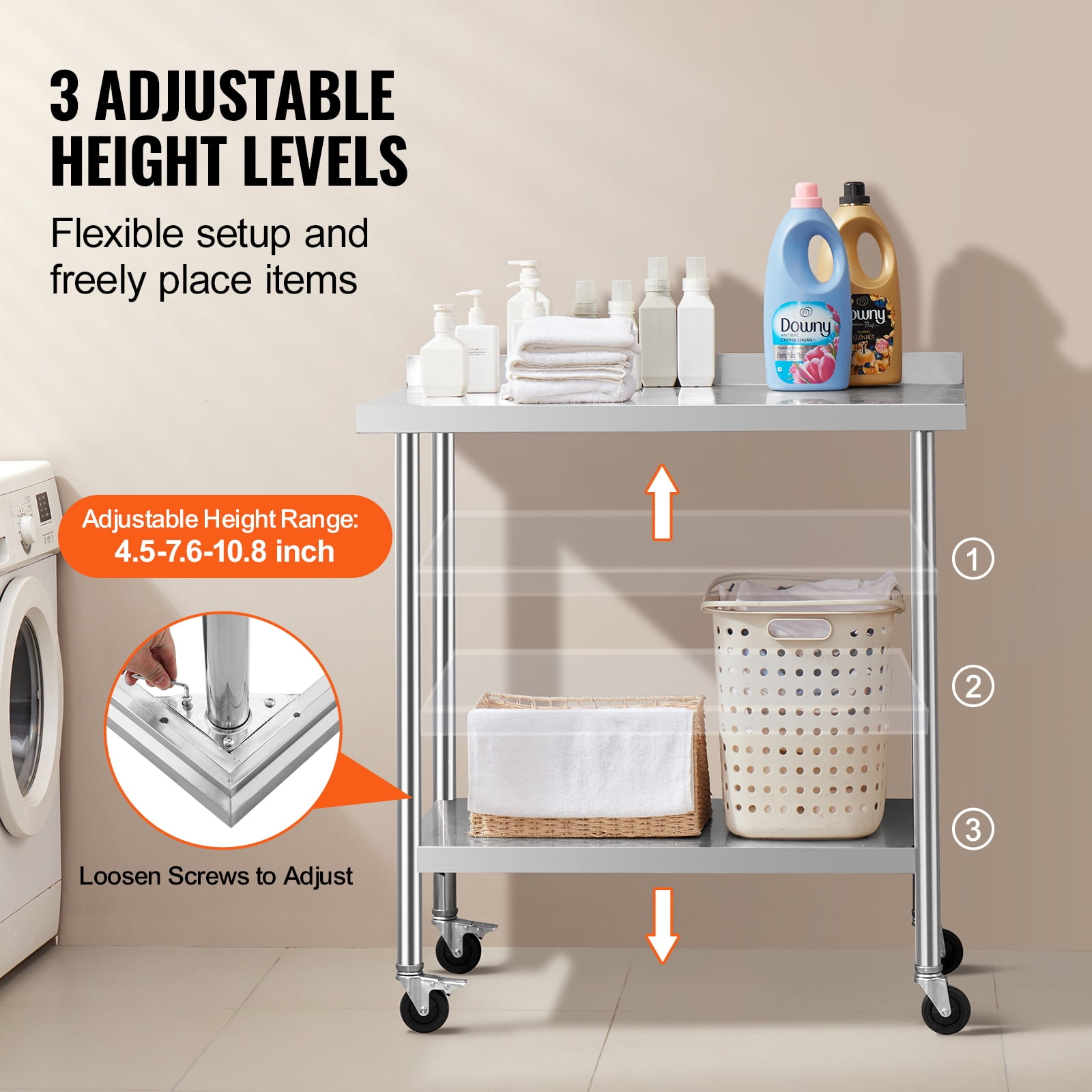 KFFKFF 24 x 36 x 40 Inch Stainless Steel Work Table, Commercial Food Prep Table with Wheels, Durable Metal Table with Adjustable Height for Kitchen, Home, and Hospitality Use