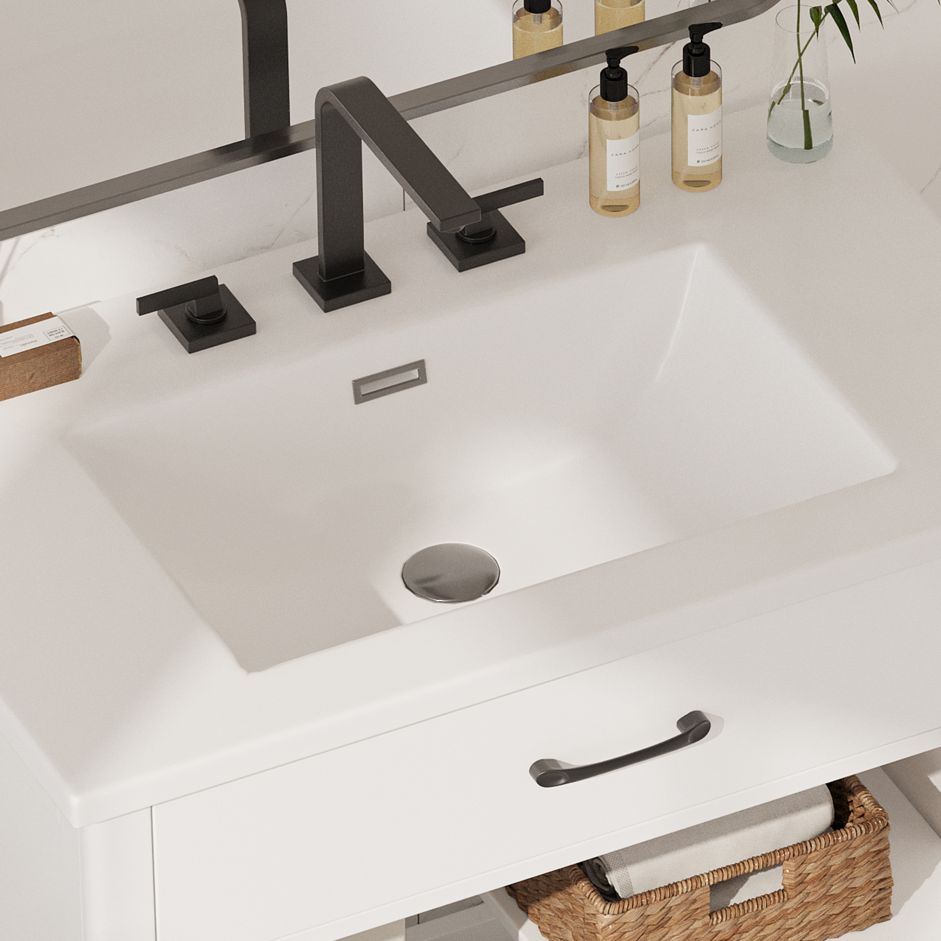 SESSLIFE 30 Inch Bathroom Vanity with Sink, White Bathroom Cabinet with Vertical Striped Tempered Glass Doors, Soft Close Doors, Rubber Wood Legs, Single Sink Vanity