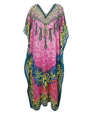 Mogul Women's Pink Jewel Print Maxi Kimono Caftan V NECK Beach Cover Up KAFTAN One Size