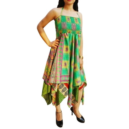Woven Sari - Mogul Womens Gypsy Hippie Chic Summer Handkerchief Hem Recycled Sari Dress Printed Halter Dresses S/M