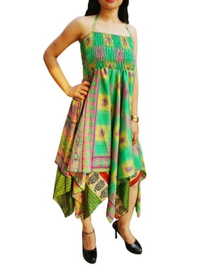 Mogul Womens Gypsy Hippie Chic Summer Handkerchief Hem Recycled Sari Dress Printed Halter Dresses S/M