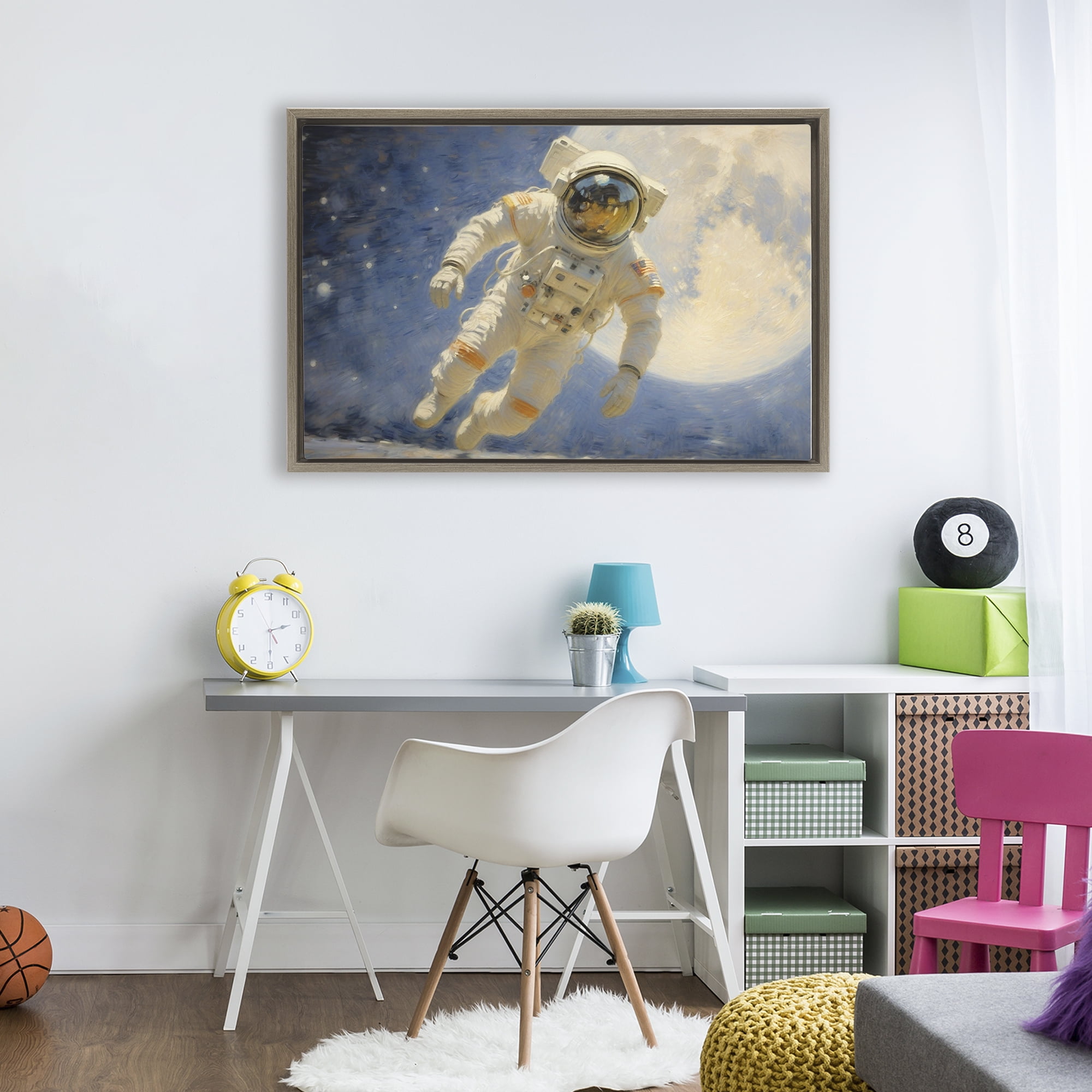 Astronaut in Vast Galaxy Brown Framed Floater Canvas Wall Art, design by Angie Hawke