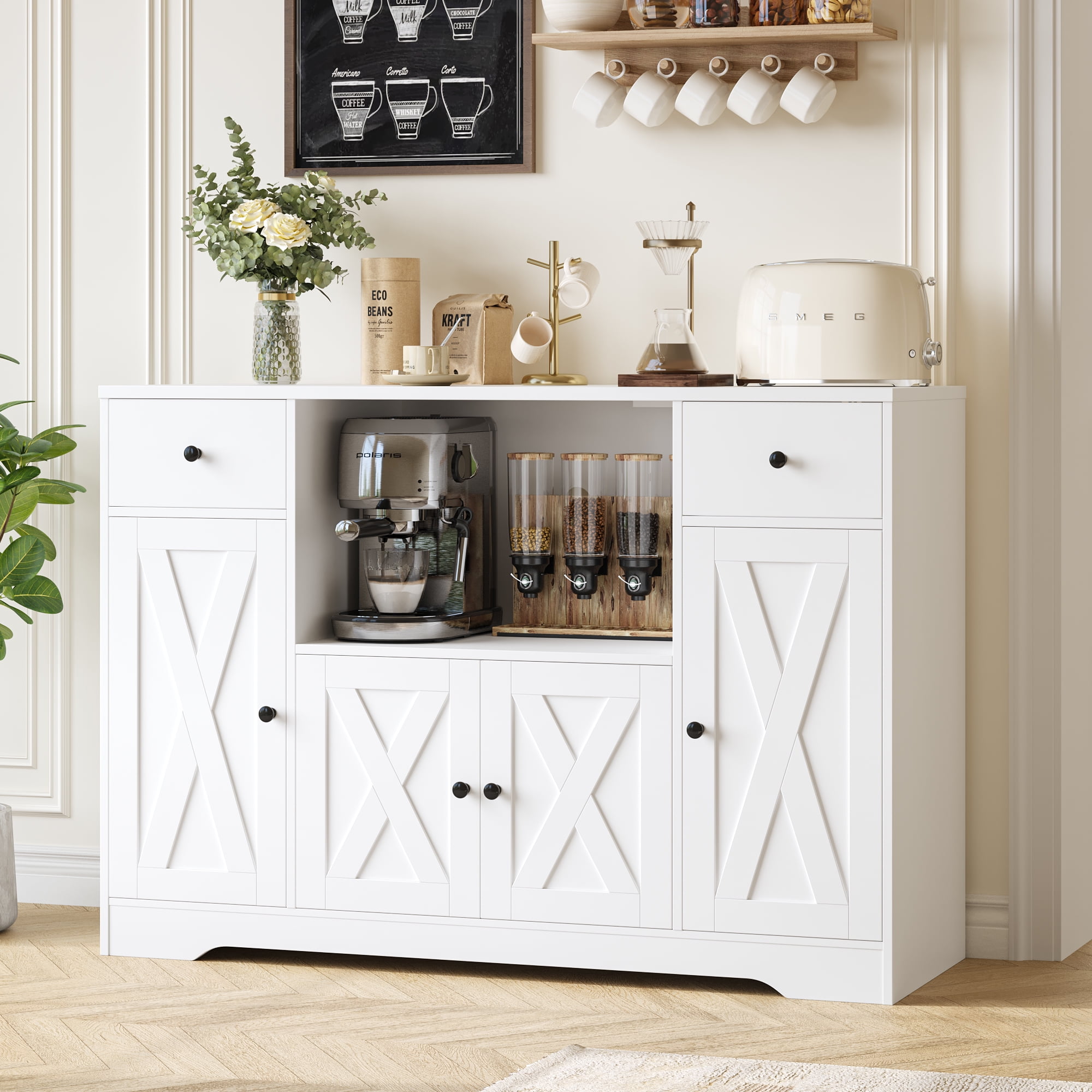 Homfa Kitchen Buffet Cabinet with Microwave Shelf, 47" W Sideboard with Charging Station, Microwave Coffee Buffet for Kitchen Dining Room, White