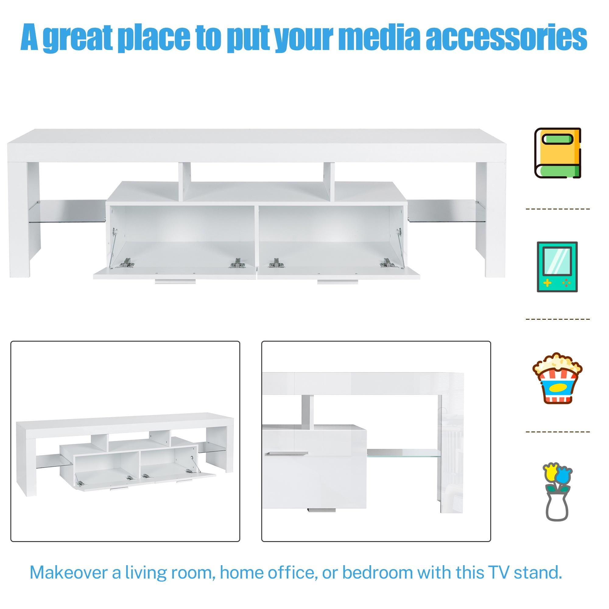 PAPROOS TV Stand for TVs up to 70", High Gloss TV Cabinet with LED Light, Modern TV Console Table with Storage Drawers, Media Television Stand Entertainment Center, White
