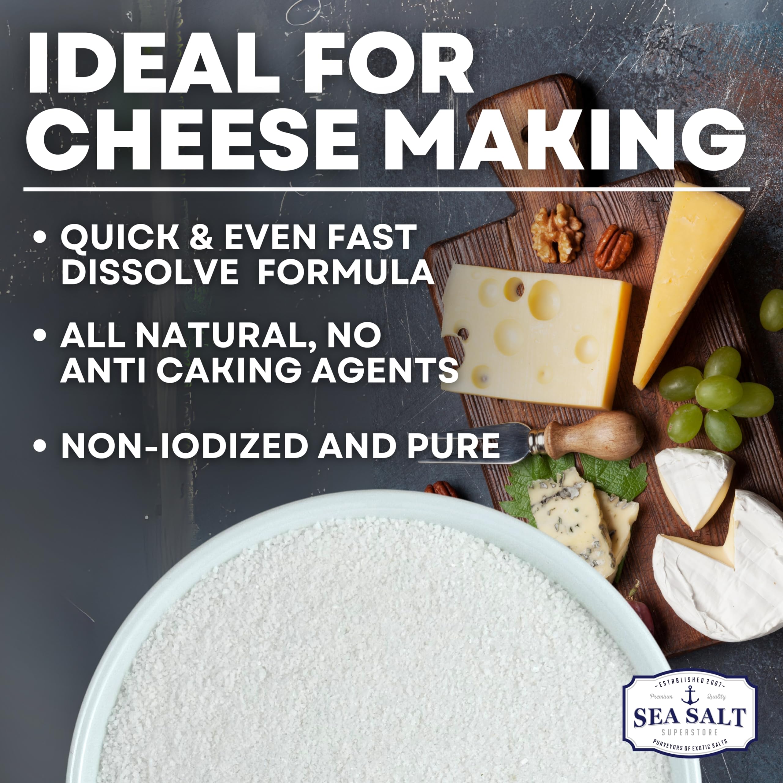 Fine Sea Salt for Homemade Cheese Making, Gluten-Free and Non-Iodized, Kosher Cheese Kit Essential Flaky Salt, 5 lb Bag