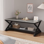 47 inch Gray Rectangle Coffee Table for Living Room, 2-Tier Wooden Coffee Tables with Round Corner, Modern Center Table for Small Space, Apartment, Office