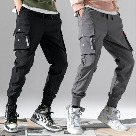 Men's Solid Color Ankle Banded Cargo Pants Trousers Color:Gray Size ...