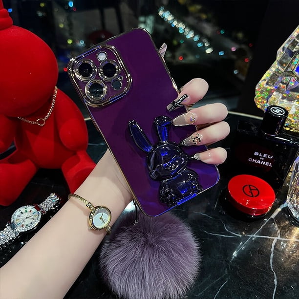 Funda de teléfono chapada de lujo con conejo 3D y Bola de pelo para IPhone 11, 12, 13, 14 Pro Max, XR, XS, 7, 8 Plus, soporte plegable Invisible Fivean unisex