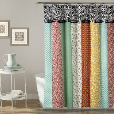Lush Decor Boho Patch Geometric Floral Shower Curtain, 70x72, Orange/Navy, Single