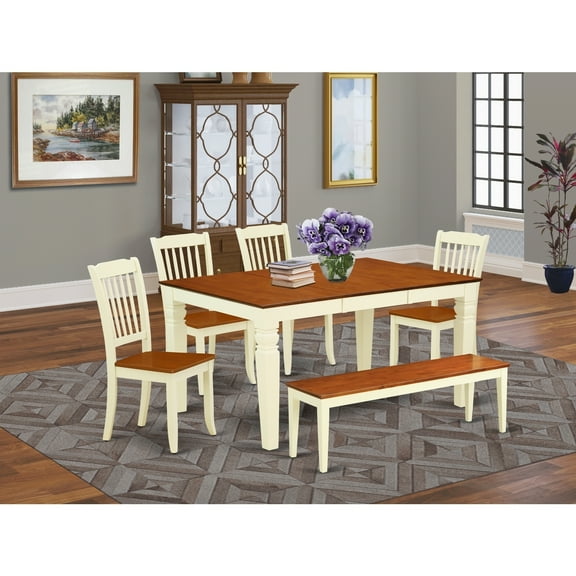 Beachy Boho Dining Set - 6Pc Rectangular Table & 4 Chairs Plus Bench - 42/60 Inch