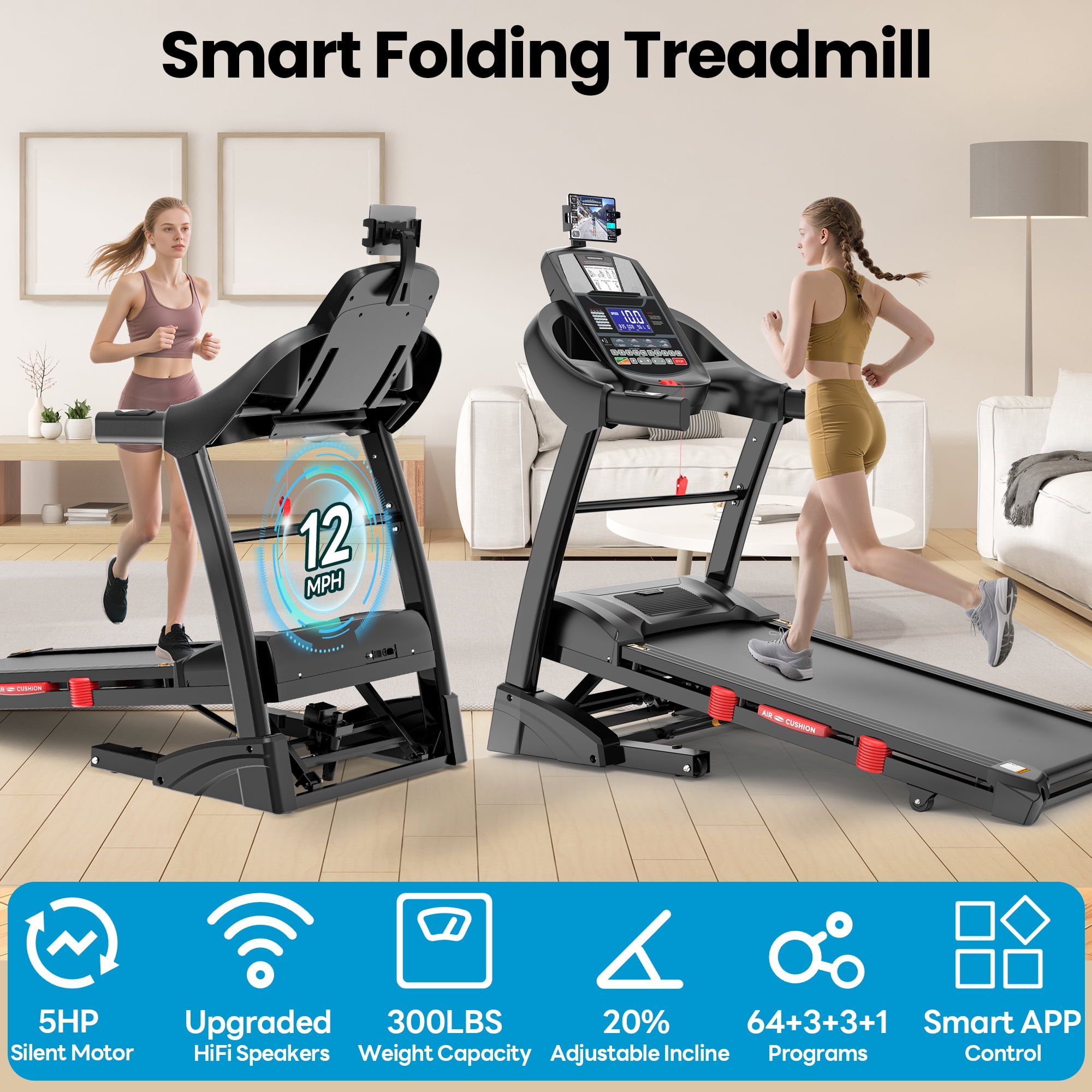 20% Auto Incline Treadmill 5.1HP for Home, Folding Treadmill w/ 300LB Capacity, Dual HiFi Speaker, App Control w/ Virtual Running, 64+7 Programs, 6 Point Shock-absorbing Cushions, Portable Treadmill