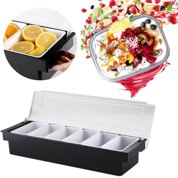 MOQIN Fruit, Veggie & Condiment Caddy with Lid Dispenser Tray Plastic Garnish Station for Bartending, Ice Cream, Salad Bar - Topping Organizer for Restaurant Supplies