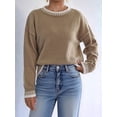 thumbnail image 6 of Womens Oversized Sweaters Crewneck Color Block Winter Sweater Lantern Sleeve Side Slit Knit Pullover Tops Khaki S, 6 of 8