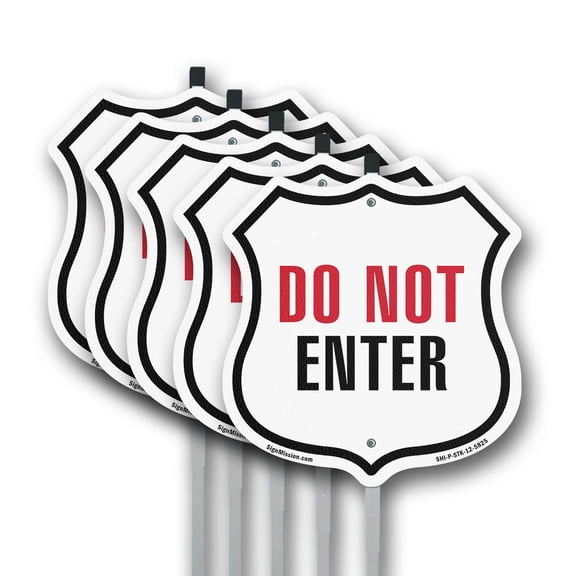 Do Not Enter (5 Pack) 12 inch X 12 inch Shield Shaped Commercial Grade Plastic Signs with Aluminum Mounting Stakes Weather Resistant Made in the USA