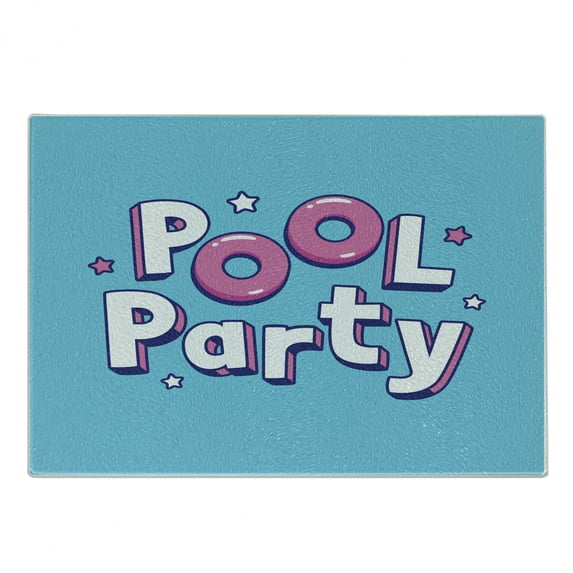 Pool Party Cutting Board, Cartoon Calligraphy Pool Party Text and Tiny Stars, Decorative Tempered Glass Cutting and Serving Board, in 3 Sizes, by Ambesonne