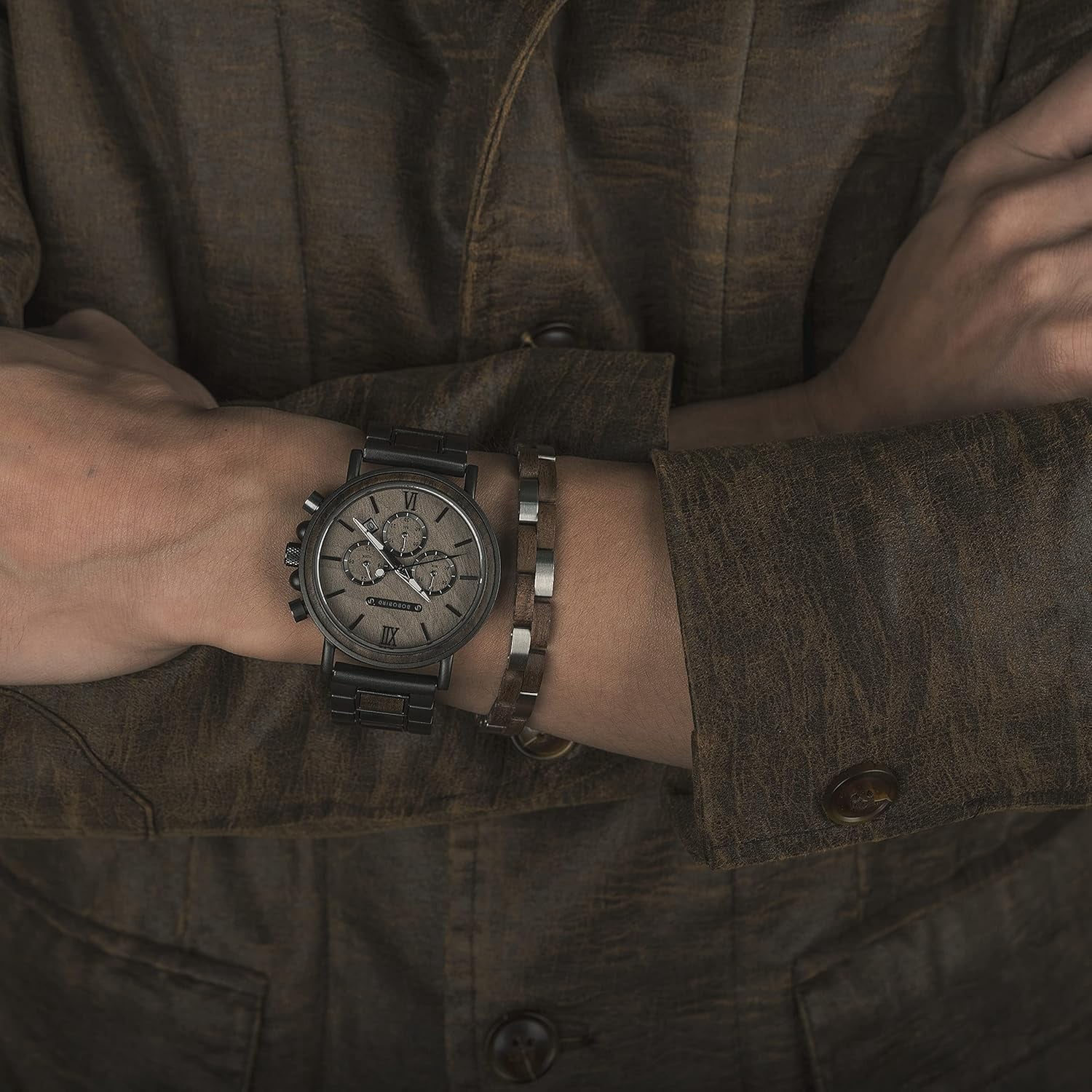 Wollet Wooden Bracelet for Men Stainless Steel Wood Jewelry Great Gift for Men,7.4 inches