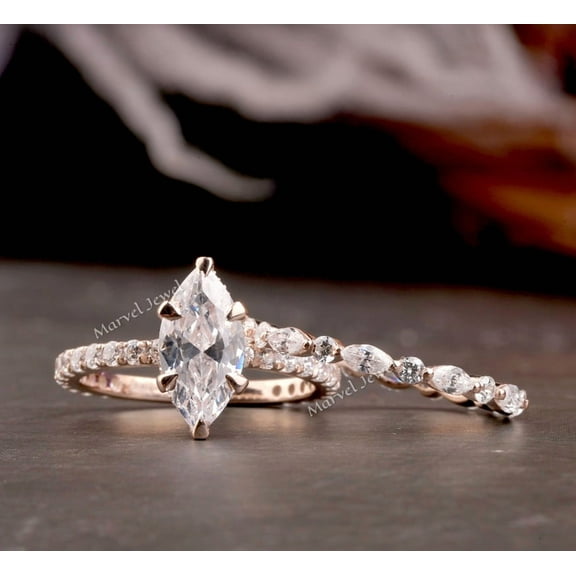 Marquise Cut Diamond Bridal Ring Set, Hidden Halo Solitaire With Accents Diamond Ring Set, Full Eternity Band With Ring, 14K Rose Gold Plated, 2.5 Ct Simulated Diamond