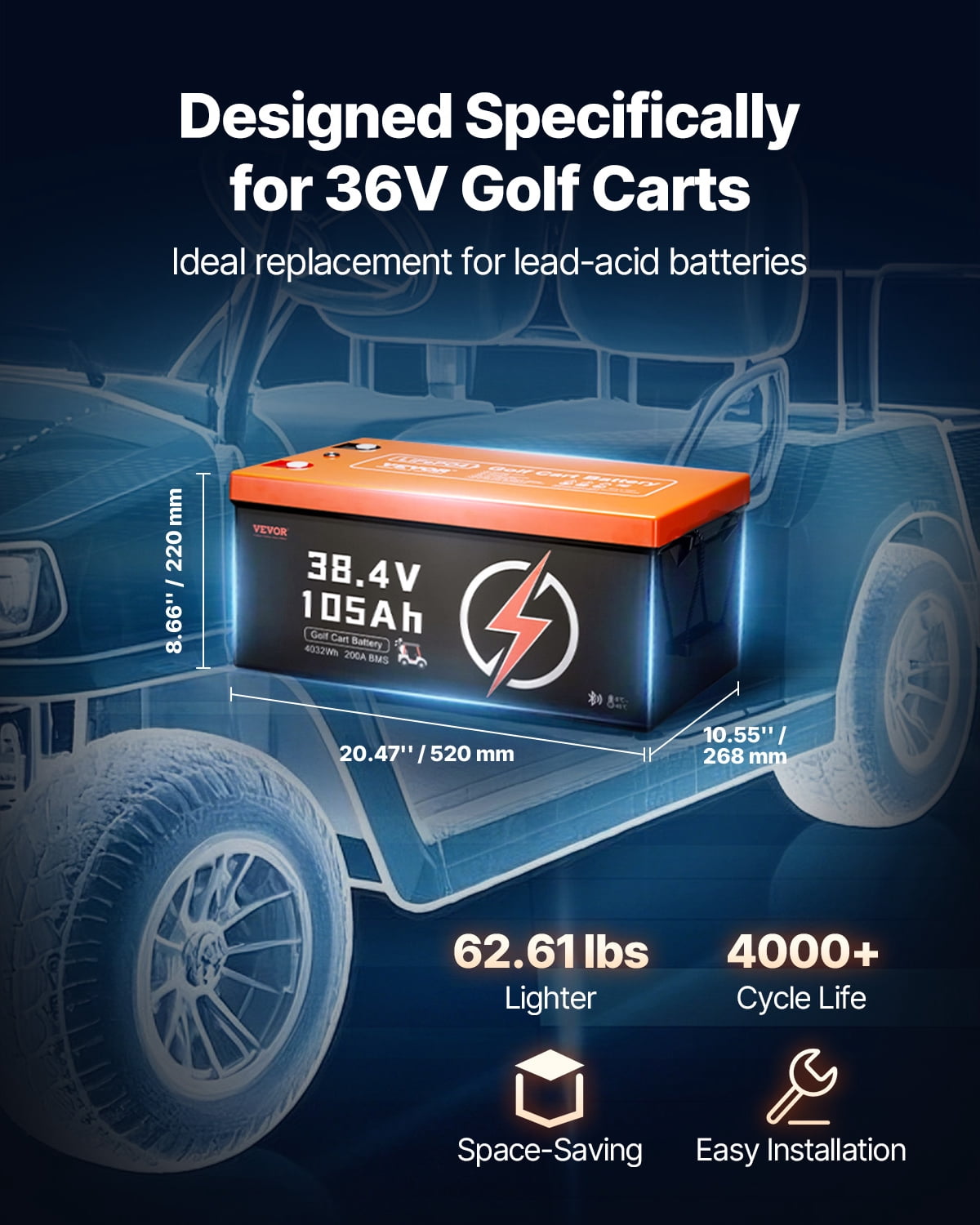 VEVOR 36V 105Ah Golf Cart Lithium Battery, 36 Volt Golf Cart Battery with 200A BMS, LCD Monitor and Mobile APP, LiFePO4 Battery with 600A Peak Current, ABS Shell and 4000+ Cycles, for Golf Carts
