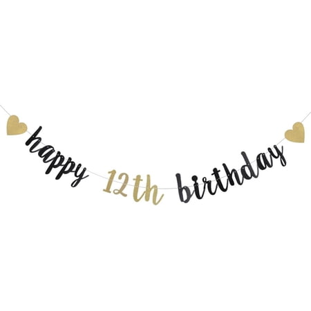 Black and Gold Glitter Banner,Party Decoration,Pre-Strung,Happy 12th Birthday Banner, Banner for Birthday Party Decorations Supplies,happy 12th birthday