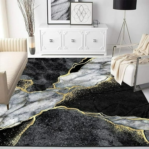 Soft Lightweight Area Rugs Modern Grey Black Gold Marble Abstract Area Rug Non-Shedding Soft Rugs For Living Room Bedroom Dining Room Indoor Office Kitchen Floor Carpet