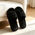 thumbnail image 4 of FITORON Womens Open Toe Fuzzy Slide Slippers - Striped Plush Black,Size 5.5-6, 4 of 6