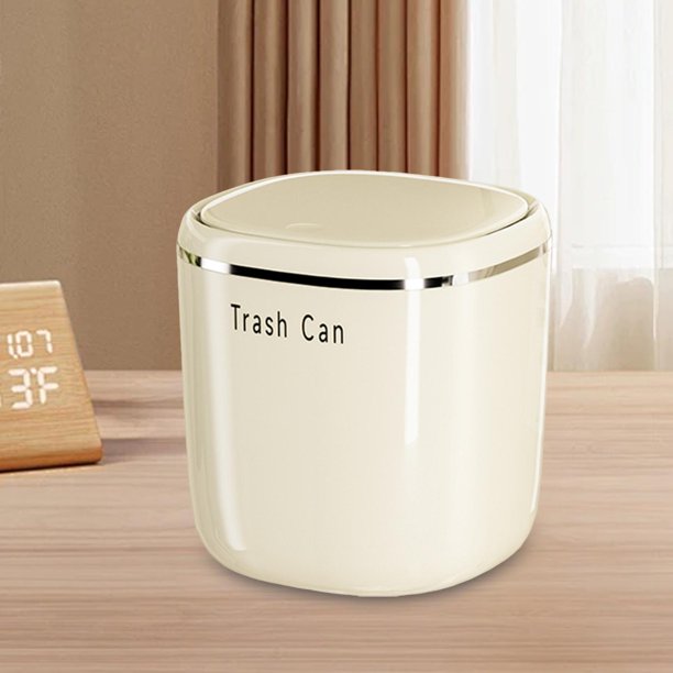 Pequeño basura de basura, el polvo de basura compacta conveniente recipiente de basura de basura de escritorio papel basura con tapa de tipo de prensa