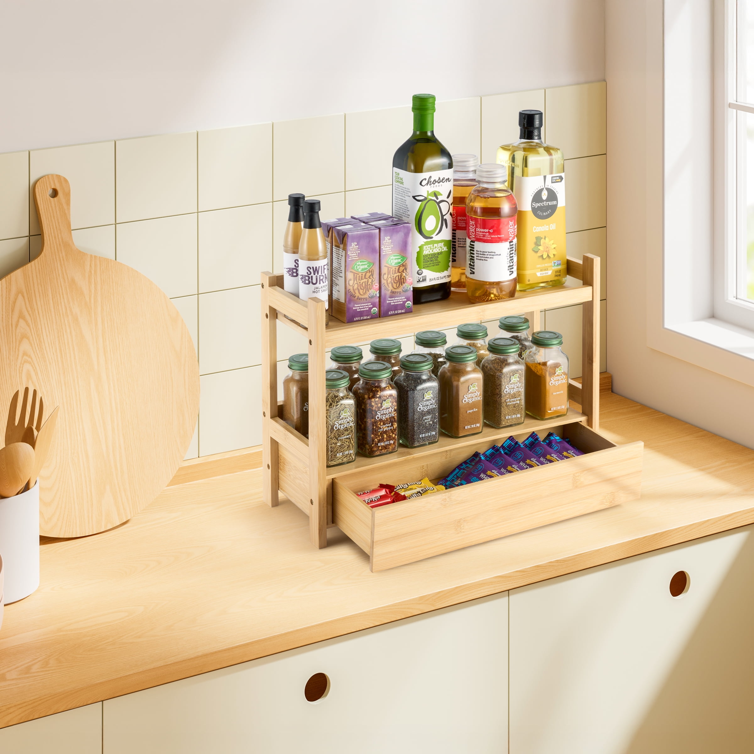 Sorbus 2-Tier 17" Bamboo Kitchen Organizer with Pull-Out Drawer, Beige