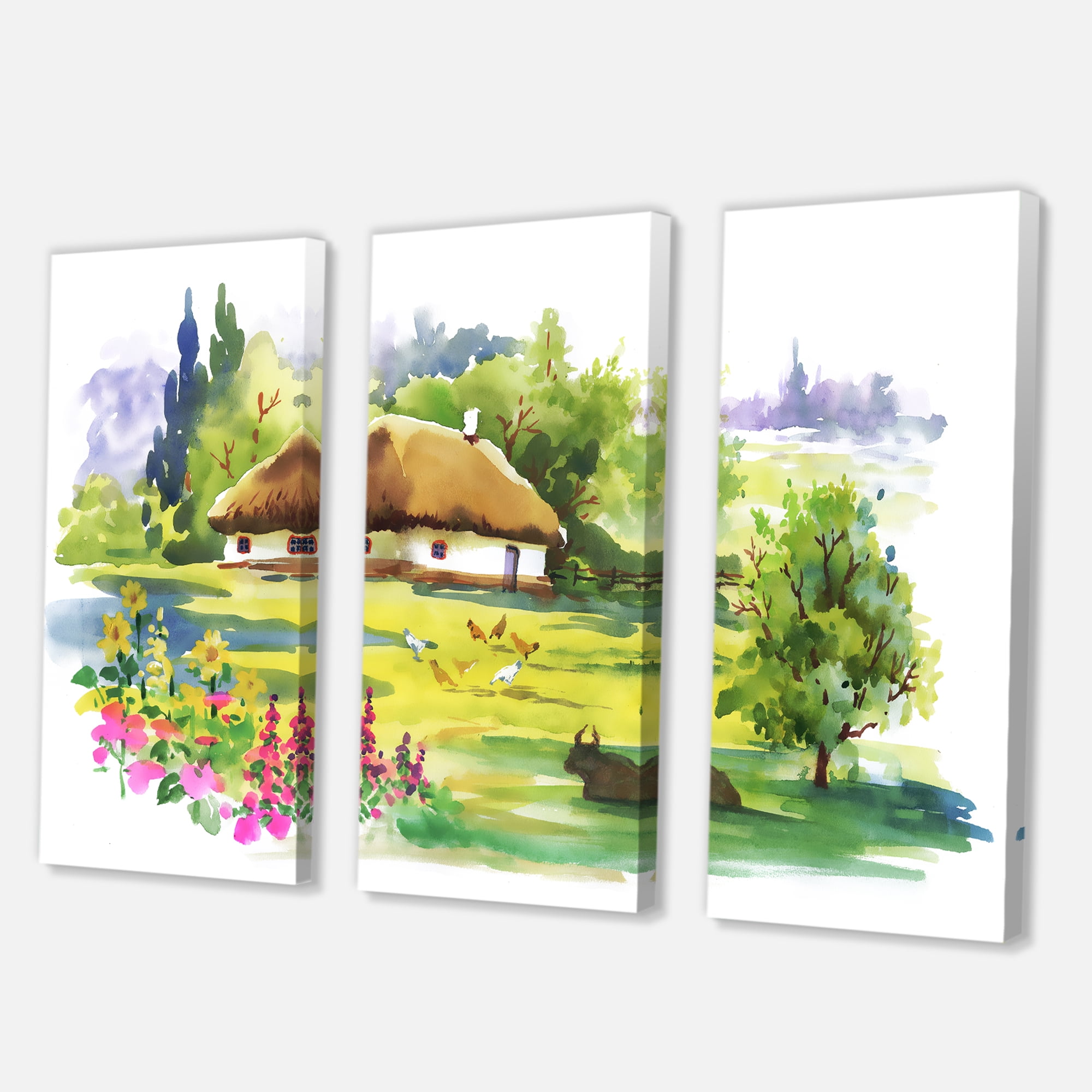 Designart ' Blossoming Greenlands And A Rural House ' Traditional Canvas Wall Art Print