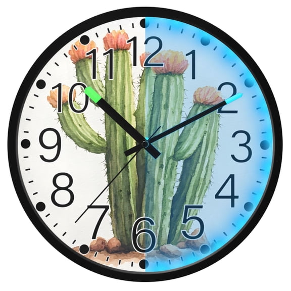 Ryvnso Cactus Watercolor 12 Inch Night Light Wall Clock Silent Battery Operated Luminous Clocks