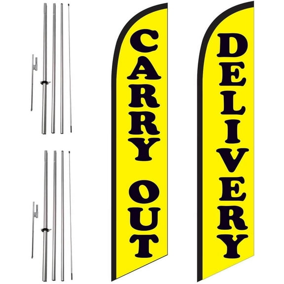 Carry Out and Delivery 2 Pack of Restaurant Advertising Feather Banner Swooper Flag Sign with Flag Pole Kit and Ground Stake, Curb Side Signs