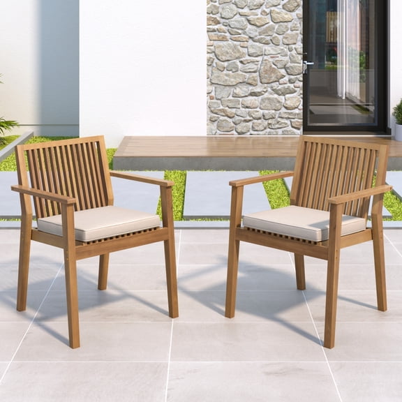 Set of 2 Outdoor Acacia Wood Patio Dining Chairs, Brown Frame, Beige Waterproof Cushion