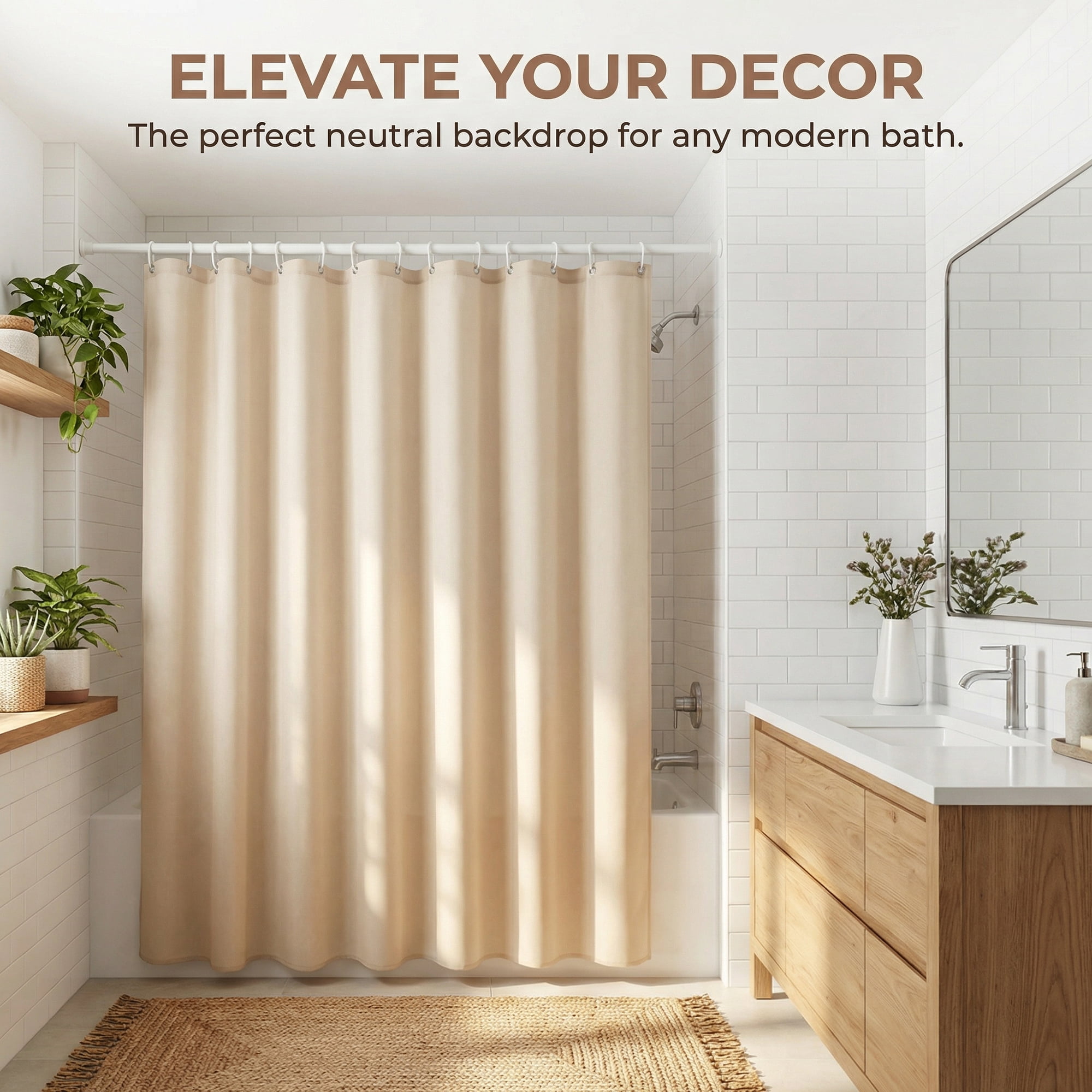 Unique Bargains Solid Polyester Shower Curtain Sets with 12 Hooks Beige 71"W x 71"L