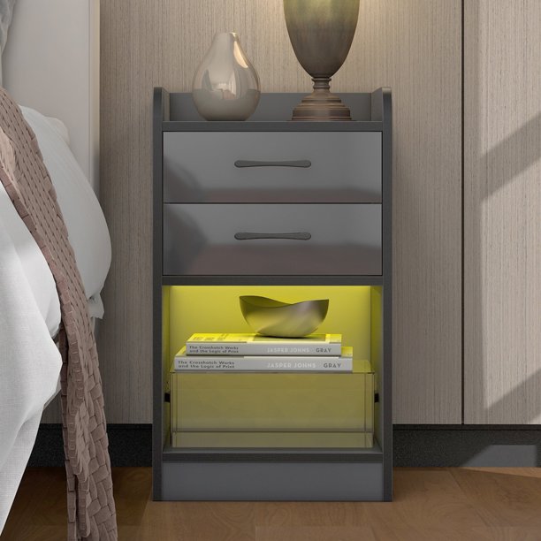 Modern Nightstand with LED Light, USB Charging Ports and Outlets