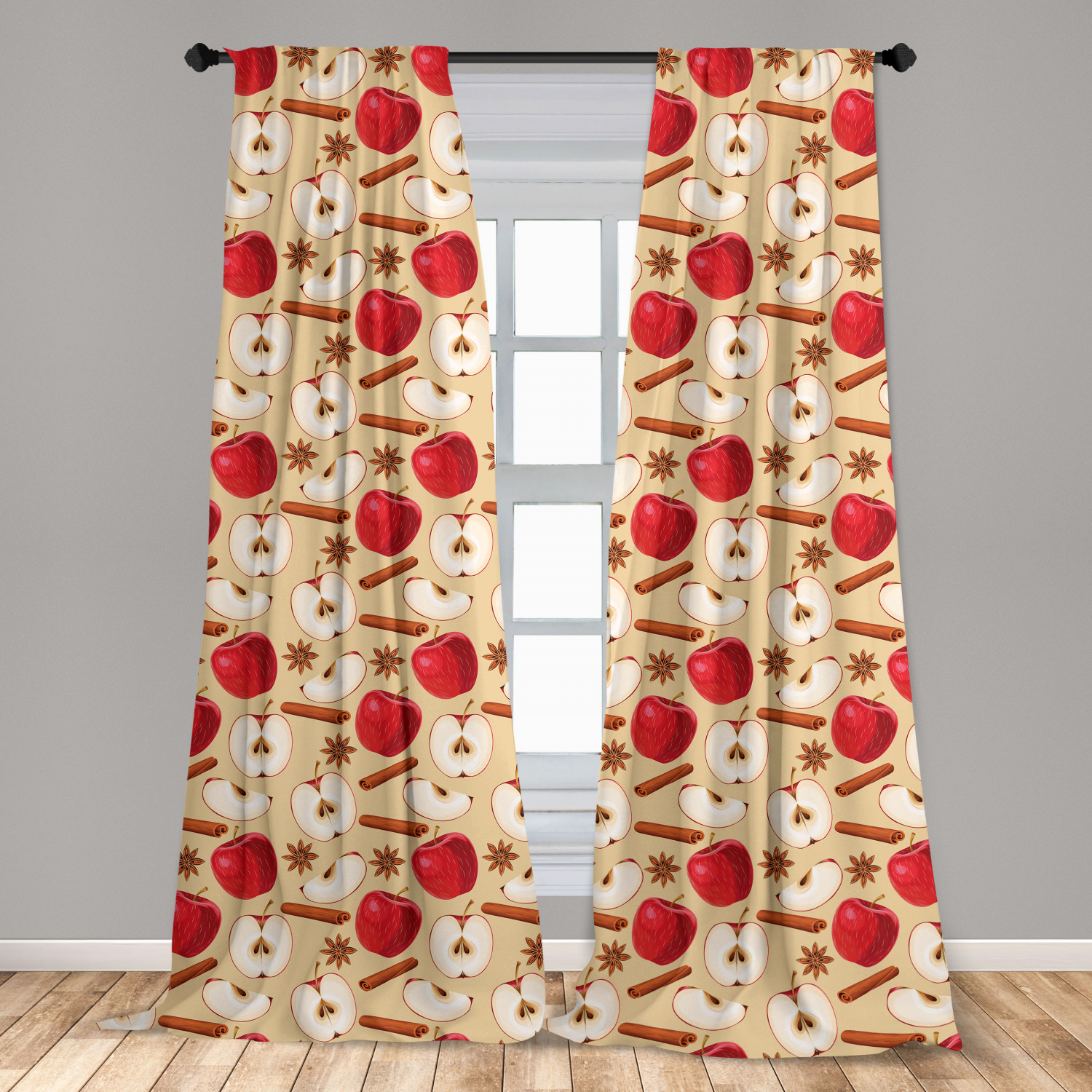 Apple Curtains 2 Panels Set, Quartered and Halved Apples with Cinnamon