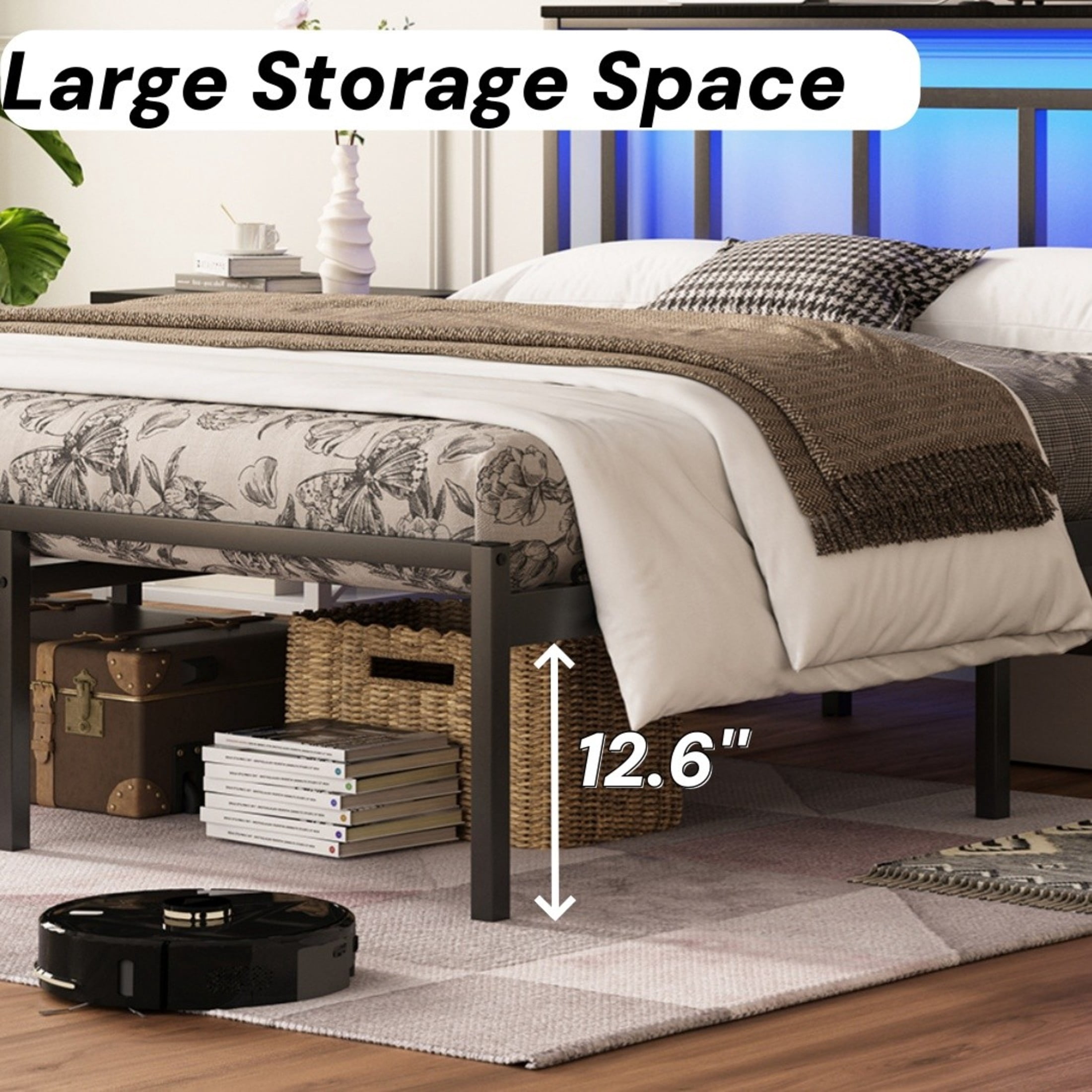 Noble House 14" Twin Bed Frame with Storage Headboard and LED Lights, Metal Platform Bed with Charging Station, Black