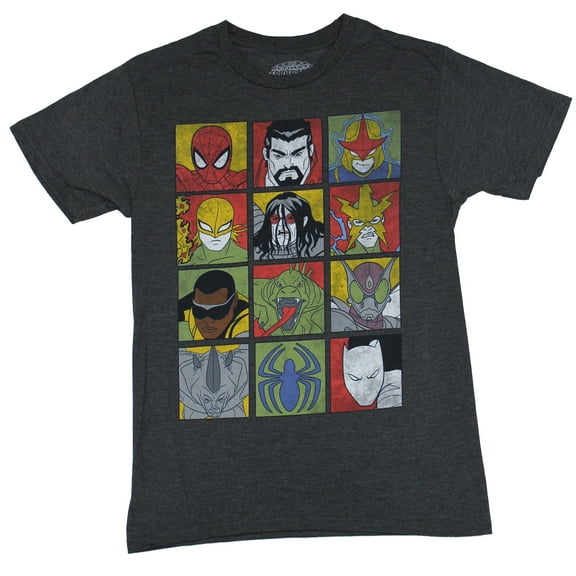 Spider-Man (Marvel) Mens T-Shirt - Spidey Friends and Enemies 12 Face Boxes (Small)
