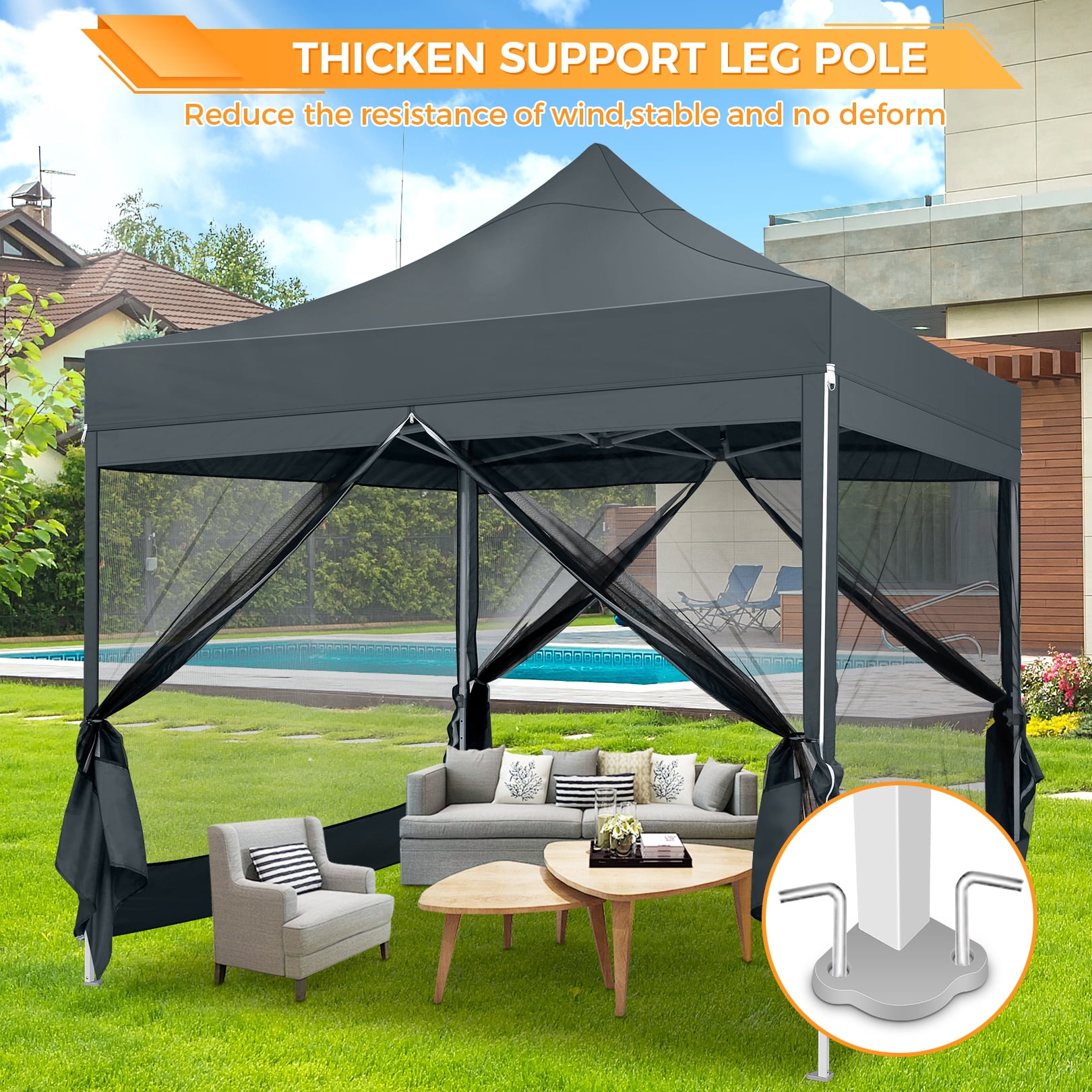 COBIZI 10x10 Heavy Duty Canopy, Pop Up Canopy Gazebo with Netting, Waterproof & Sunproof Party Tent with Mosquito Net, Outdoor Instant Canopy for Outside Party Backyard, Weddings, Birthdays, Gray
